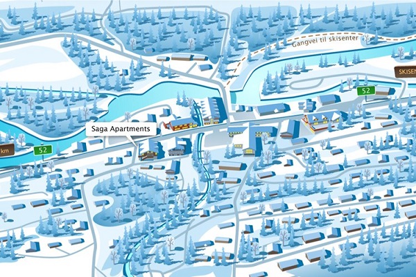 Karta ver Hemesdal Centrum med Saga apartment utpekat.